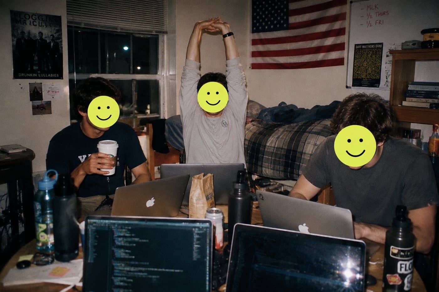 Founders coding late into the night in a dorm room